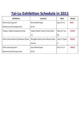 Tai-Lu Exhibition Schedule in 2011